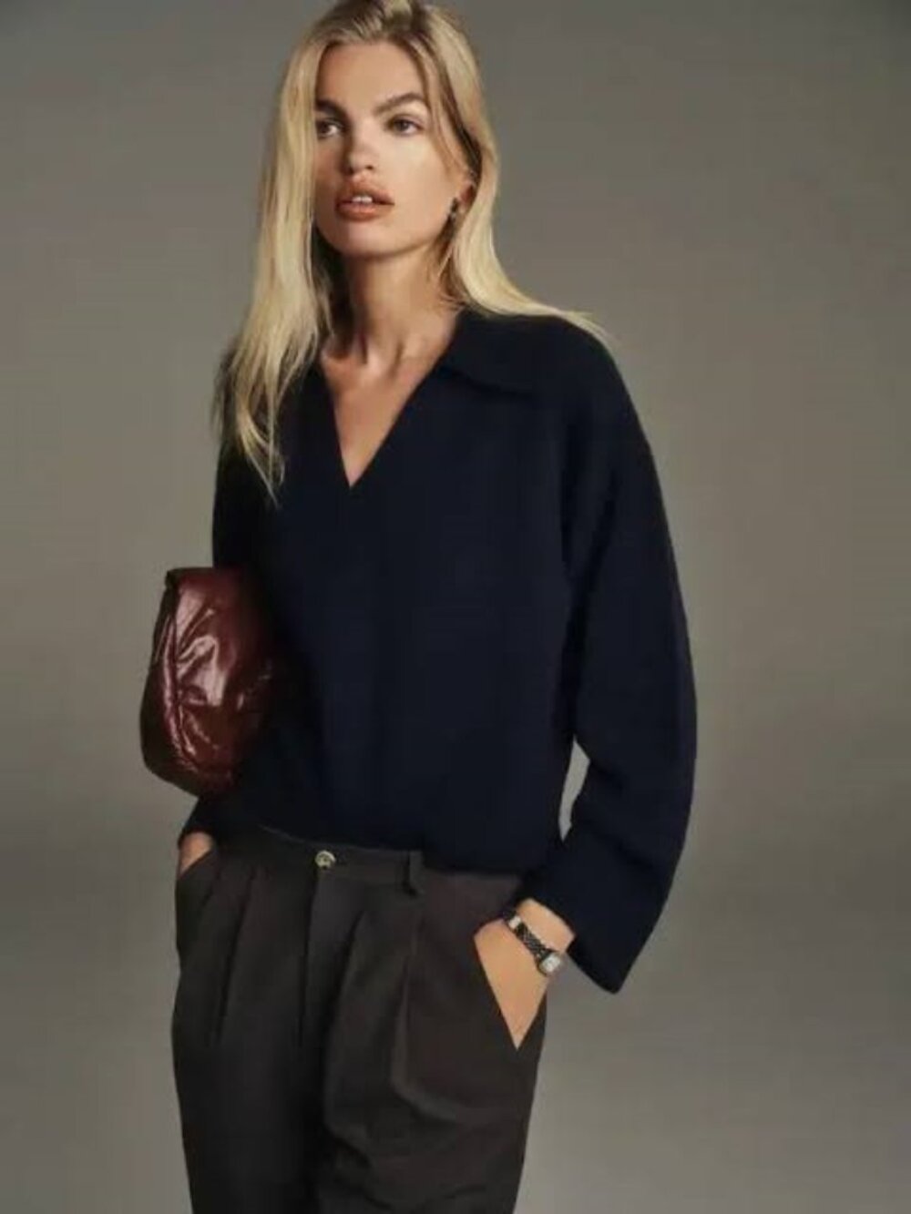 Reformation collared  long sweater cashmere navy blue V-neck  size large